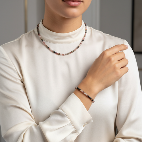 Sertifikalı Turmalin Doğal Taş Kolye ve Bileklik Takımı 3-4 mm