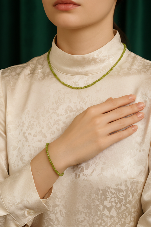 Sertifikalı Yeşim Doğal Taş Kolye ve Bileklik Takımı – 4 mm Küre Kesim