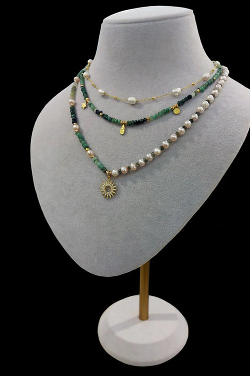 İnci – Zümrüt Doğaltaş 925 Ayar Gümüş Kolye Seti 3’lü Kolye