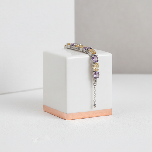 Sitrin - Ametist Doğal Taş 925 Ayar Gümüş Bileklik