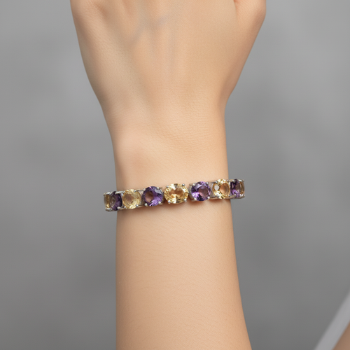 Sitrin - Ametist Doğal Taş 925 Ayar Gümüş Bileklik