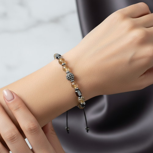 Sitrin - Hematit Doğal Taş Makrome Bileklik