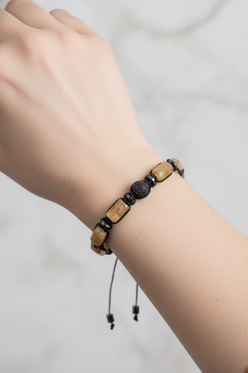 Sitrin - Hematit Doğal Taş Zirkon Aparatlı Makrome Bileklik
