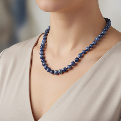 Sodalit 8 mm Düğümlü Doğal Taş Kolye