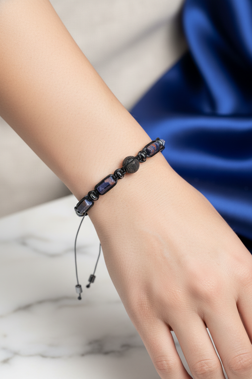 Sodalit - Hematit Doğal Taş Zirkon Aparatlı Makrome Bileklik