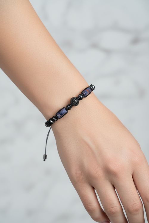 Sodalit - Hematit Doğal Taş Zirkon Aparatlı Makrome Bileklik