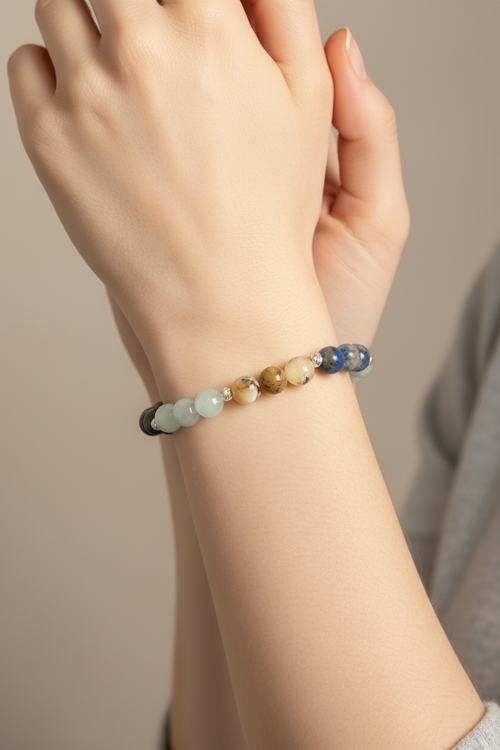 Terazi Burcu - Lapis - Akuamarin - Opal Doğal Taş Gümüş Aparat Bileklik