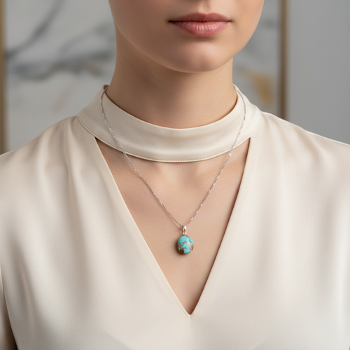Turkuaz Firuze Doğal Taş  Gümüş Kolye