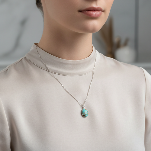 Turkuaz Firuze Doğal Taş  Gümüş Kolye