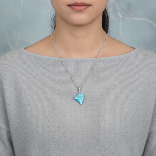 Turkuaz Firuze Doğal Taş  Gümüş Kolye