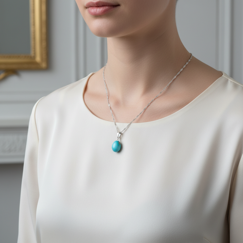 Turkuaz Firuze Doğal Taş  Gümüş Kolye