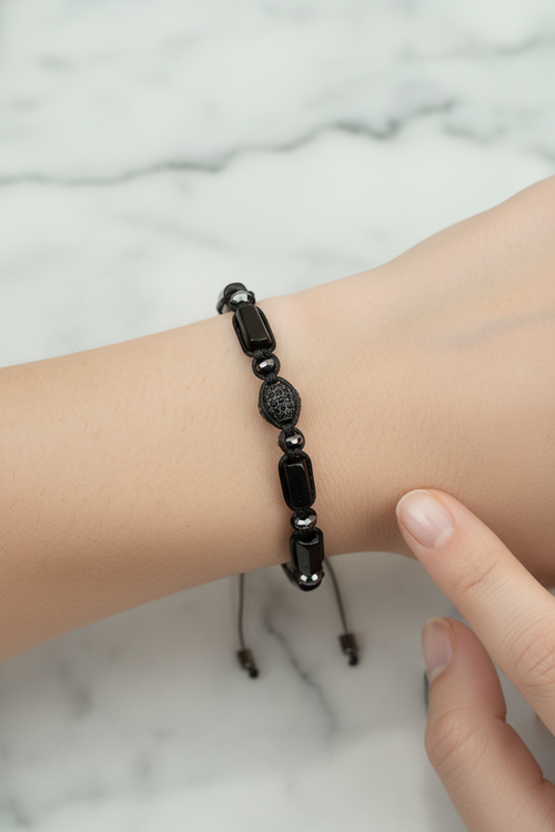 Turmalin - Hematit Doğal Taş Zirkon Aparatlı Makrome Bileklik