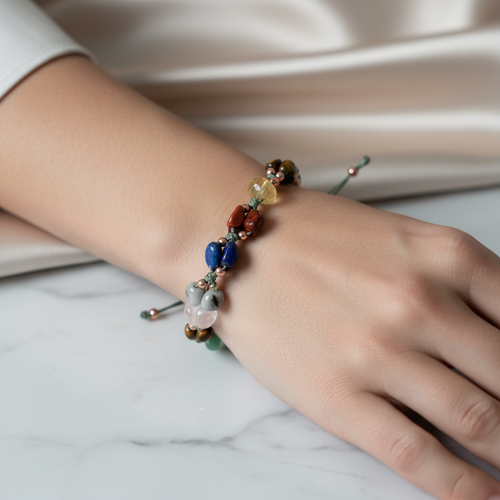 Sertifikalı Naturel Kesim Doğal Taş Makrome Bileklik – Akuamarin, Jasper, Kaplan Gözü