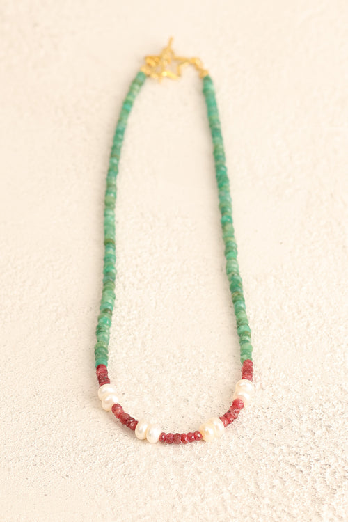 Yakut – Zümrüt – İnci Gümüş Kapama Özel Tasarım Doğal Taş Kolye