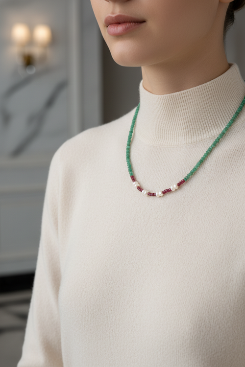 Yakut – Zümrüt – İnci Gümüş Kapama Özel Tasarım Doğal Taş Kolye