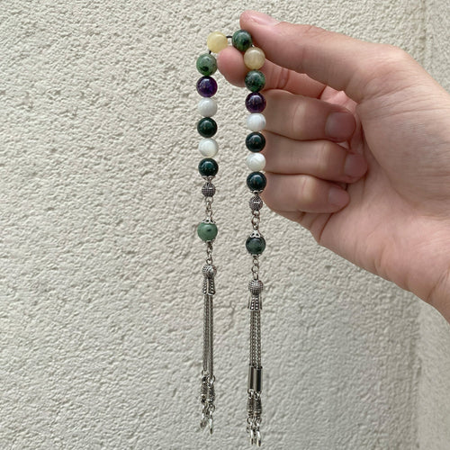 Yengeç Burcu Zaza Tesbih Doğal Taş Ametist, Anyolit, Aragonit, Kan Taşı, Sedef