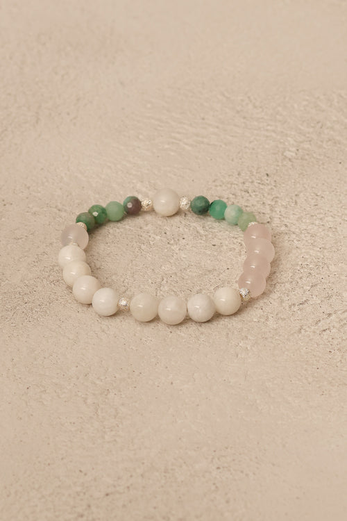 Yengeç Burcu - Zümrüt - Ay Taşı - Pembe Kuvars Doğal Taş Gümüş Aparatlı Bileklik