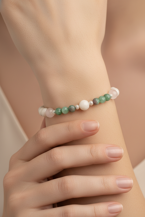 Yengeç Burcu - Zümrüt - Ay Taşı - Pembe Kuvars Doğal Taş Gümüş Aparatlı Bileklik