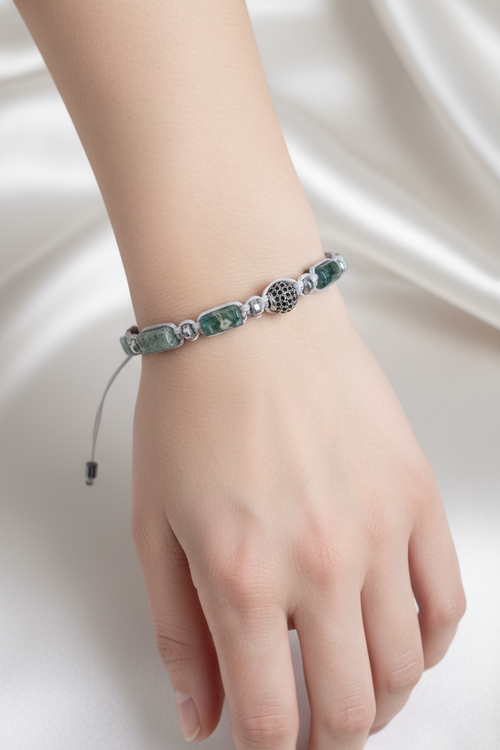 Yosunlu Akik - Hematit Doğal Taş Zirkon Aparatlı Makrome Bileklik