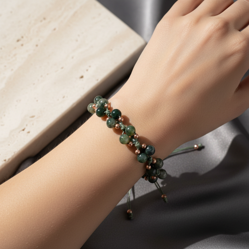 Yosunlu Akik Üçlü Makrome Özel Tasarım Bileklik 6 mm