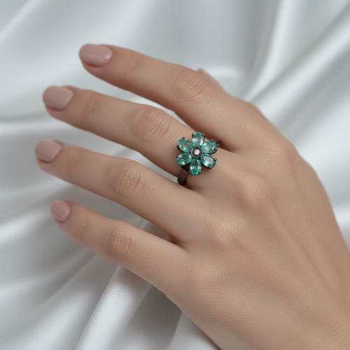 Zümrüt - Pırlantalı Doğal Taş 925 Ayar Gümüş Yüzük