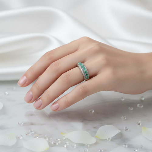 Zümrüt - Pırlantalı Doğal Taş 925 Ayar Gümüş Yüzük