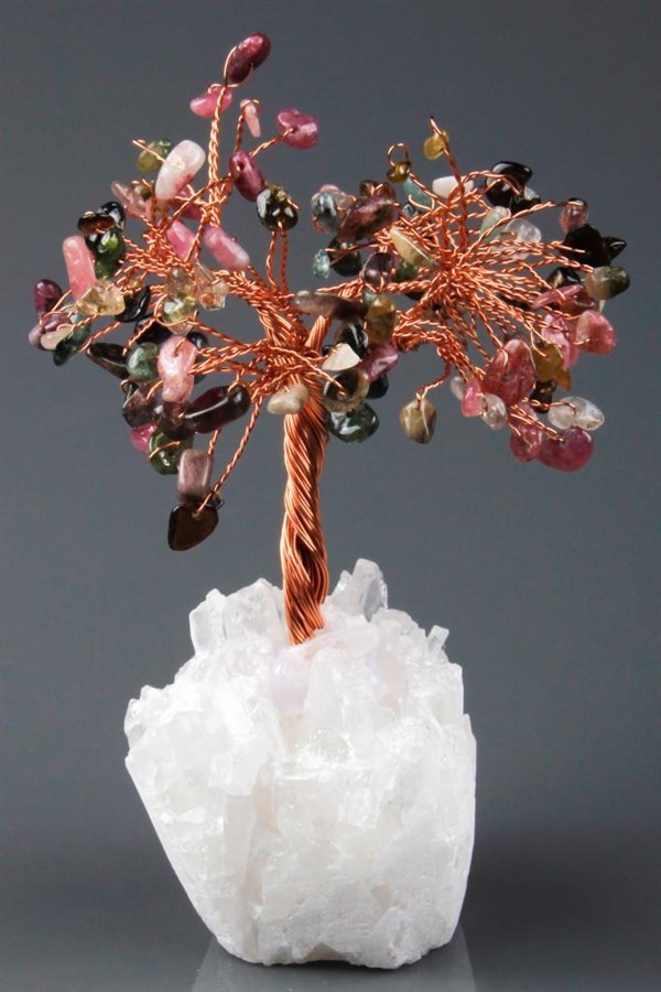 Kristal Kuvars - Turmalin Doğal Taş Tel Sarmalı Tasarım Ağaç