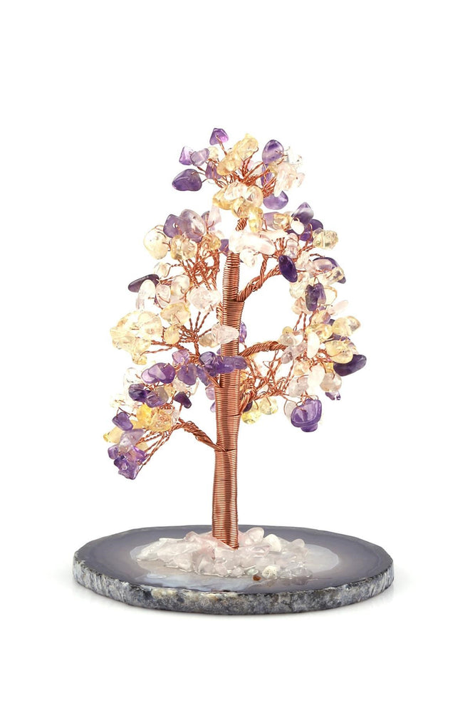 Akik - Ametist - Sitrin - Kristal Kuvars Doğal Taş Tel Sarmalı Tasarım Ağaç